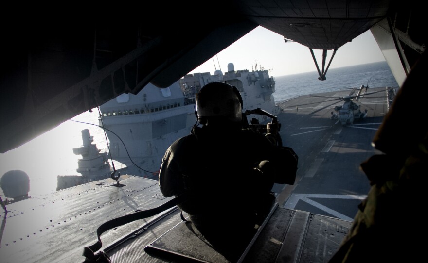 A view of the JS Kaga out of the back of a helicopter on Nov. 6, 2024.