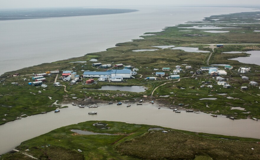 The Alaskan village of Newtok, seen from a plane in 2015, is threatened by eroding land. The Yupik people have lived in coastal areas along the Bering Sea for thousands of years.