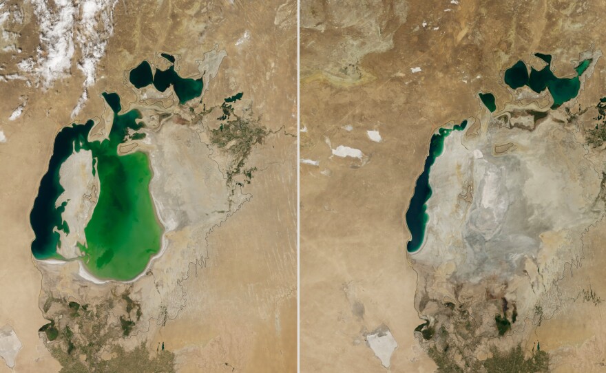 Images from August 2000 (left) and August 2014 (right) show the drop in water levels in the Aral Sea.
