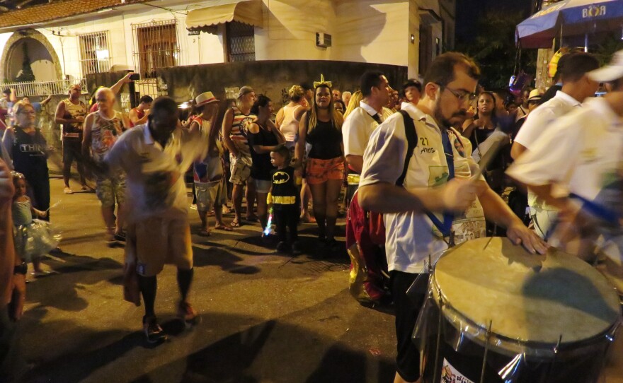 One of the hundreds of boisterous street parties, known as <em>blocos</em>, underway in Rio de Janeiro this week.