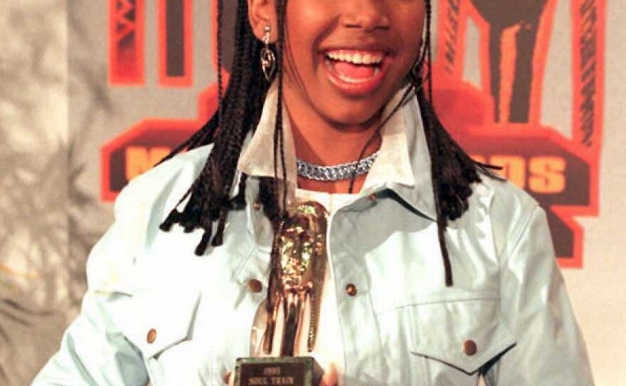 Brandy at the ninth annual Soul Train Music Awards in 1995, where she won the award for R&B new artist following the release of her self-titled debut album, which went platinum and featured her chart-topping singles "I Wanna Be Down" and "Baby."
