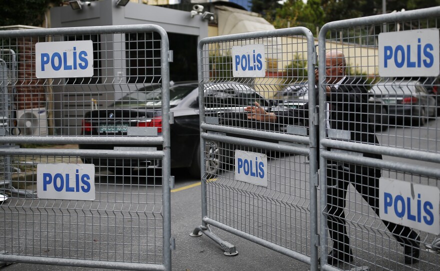 A blocked road in Istanbul leads to the Saudi consulate. Jamal Khashoggi, a prominent critic of Saudi Arabia's crown prince, visited the consulate earlier this week and has not been seen since.