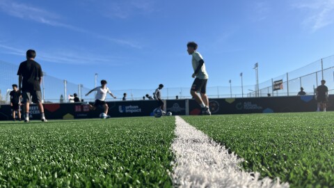 Young kids kick around soccer balls on the turf fields at Adam R. Scripps Street Soccer Park, Feb. 25, 2026.