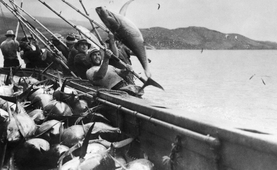 Line and pole fishing in 1917.