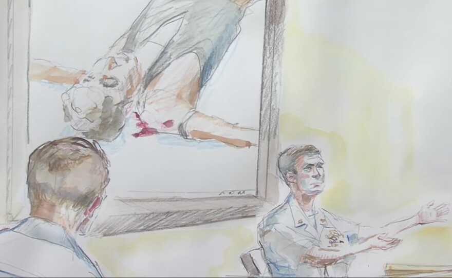 A photo of a courtroom sketch depicts the Islamic State prisoner allegedly murdered by Special Operations Chief Edward Gallagher with a stab wound to the neck, June 20, 2019.