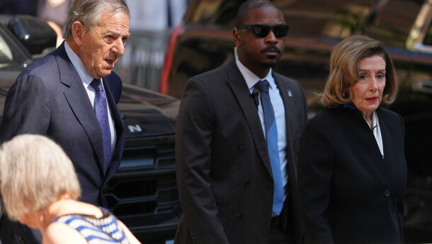 Rep. Nancy Pelosi, D-Calif., and her husband Paul arrive at the funeral services for Clive Davis at Central Synagogue in New York, Monday, June 29, 2026.