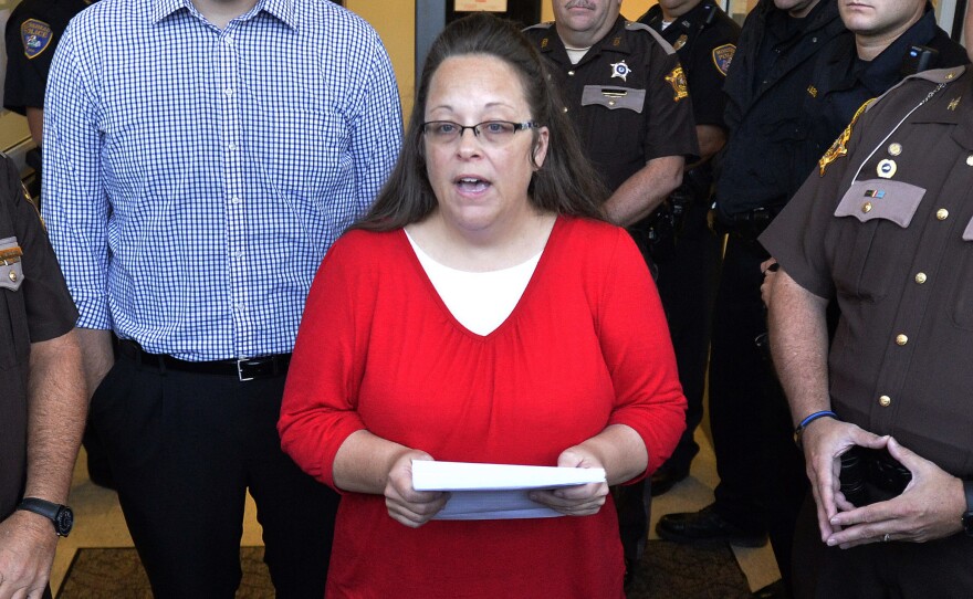 Kim Davis, seen in 2015 outside the Rowan County Judicial Center in Morehead, Ky.