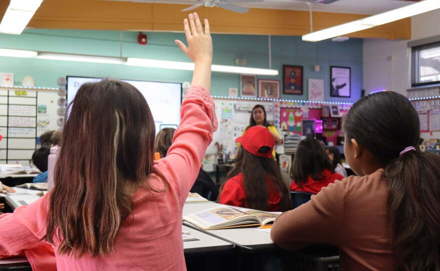 Fifth grader Frances San Giorgio raises her hand in class at Sequoia Elementary School on Thursday, Nov. 21, 2024.