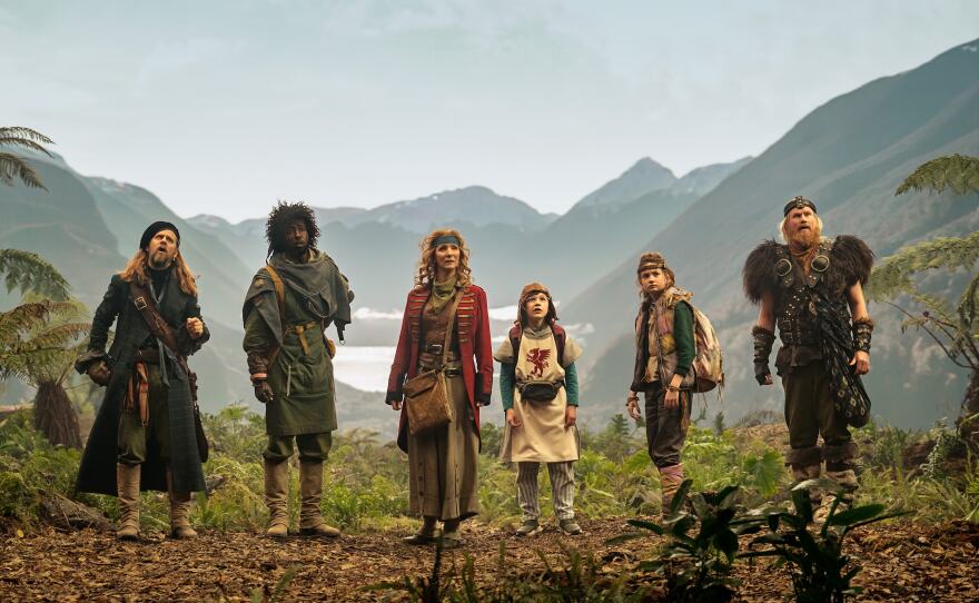 Lisa Kudrow as Penelope and Kal-El Tuck as Kevin (center) in the new Apple TV+ streaming series "Time Bandits." (2024)