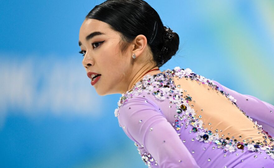 USA's Karen Chen competes in the women's figure skating event during the Beijing 2022 Winter Olympic Games at the Capital Indoor Stadium.