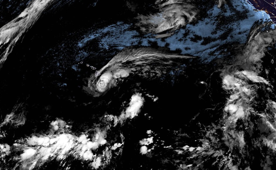 This satellite image released by NOAA shows Tropical Storm Lala over the Pacific Ocean, near Hawaii, Saturday, Aug. 15, 2026.