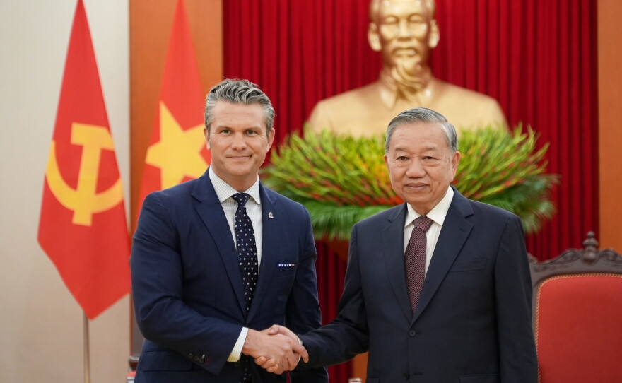 FILE - U.S. Defense Secretary Pete Hegseth, left, and General Secretary of Vietnam's Communist Party To Lam shake hands in Hanoi, Vietnam, Nov. 2, 2025.
