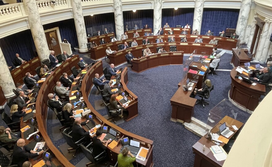 The Idaho Legislature recessed until April 6 due to an outbreak of COVID-19 among members and staff. Six members of the House, shown here, March 17, 2021, tested positive for the virus within a week.