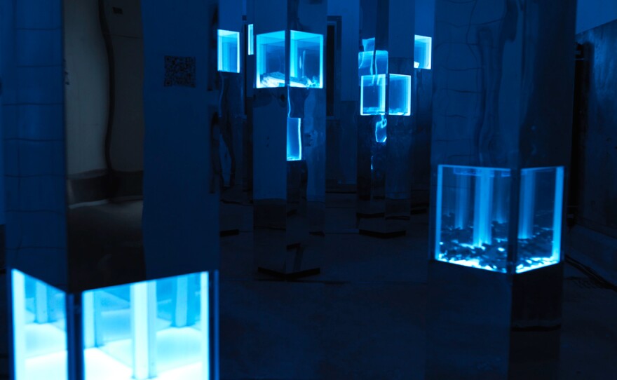 The illuminated cases display reconstructed artifacts like the ones used in suicide attacks in New York on Sept. 11, 2001, in Paris last November and in Brussels in March.