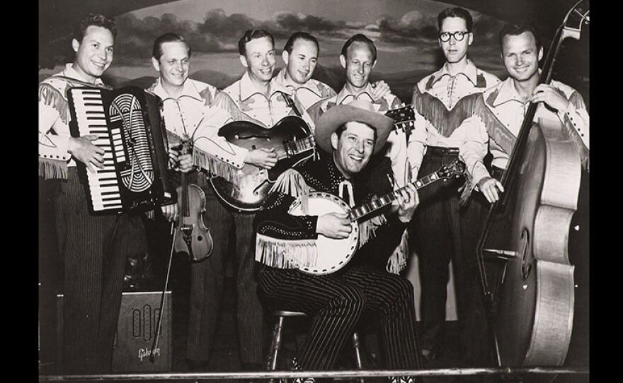 Larry "Pedro" DePaul, Cactus Soldi, Johnny Weiss, Joquin Murphy, unknown, Myron Sutton, Dean Eaker, in front is Smokey Rogers at the Bostonia Ballroom, a showplace of early country and Western Swing music in the 1950s and 60s. Ken Kramer takes us back for a nostalgic look.