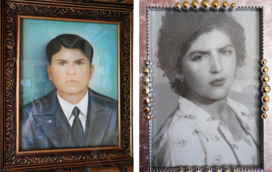 A framed portrait of Luis Miranda Cuevas (left), who died in the crash, and a framed photo of Casimira Navarro Lopez, whom he planned to propose to after returning home.