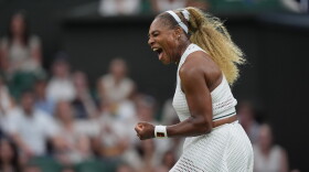 Serena Williams of the United States celebrates winning a point against Maya Joint of Australia in their first round women's singles match at the Wimbledon Tennis Championships in London, Tuesday, June 30, 2026.