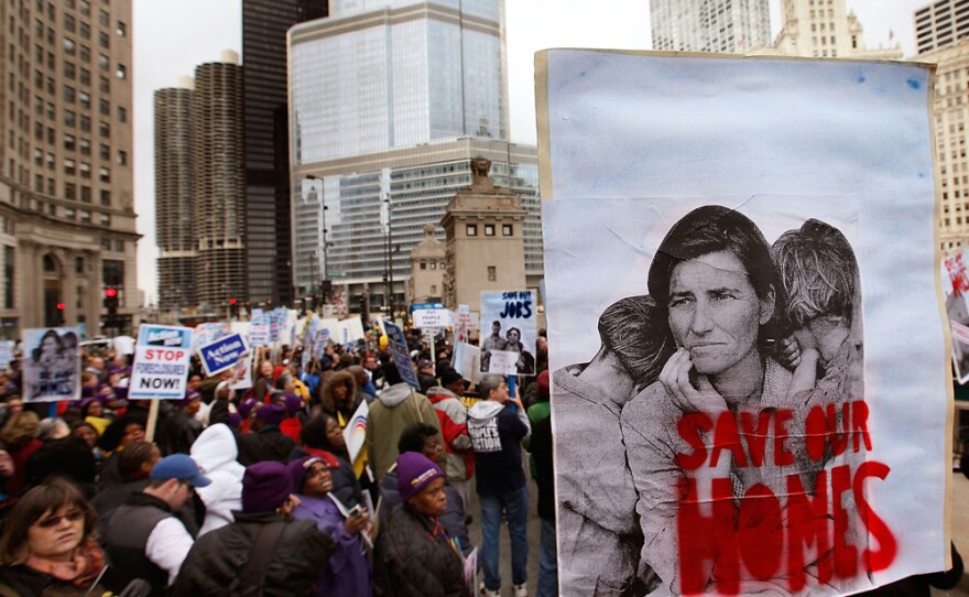 <strong>Economy At Issue</strong>: Protesters call for bank reform during the American Bankers Association's annual convention in Chicago last week.The group called for a halt to home foreclosures and limits on bonuses for bank executives.