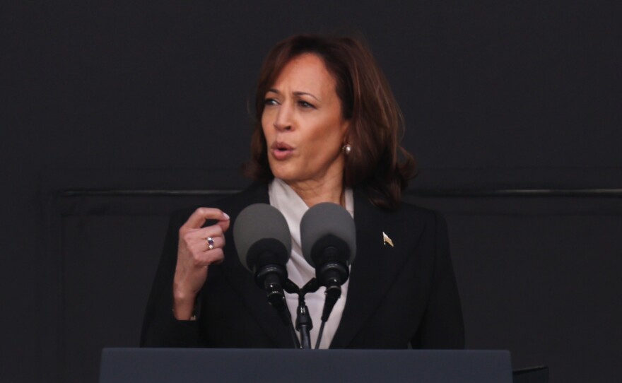 Vice President Harris delivers the keynote speech at Michie Stadium during West Point's graduation ceremony Saturday in West Point, N.Y.