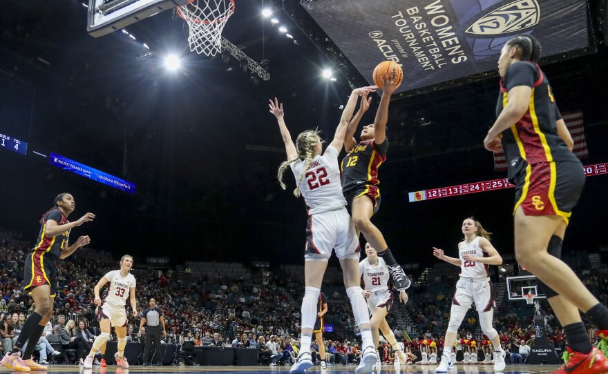 JuJu Watkins shoots during an NCAA game in the championship of the Pac-12 tournament on March 10.