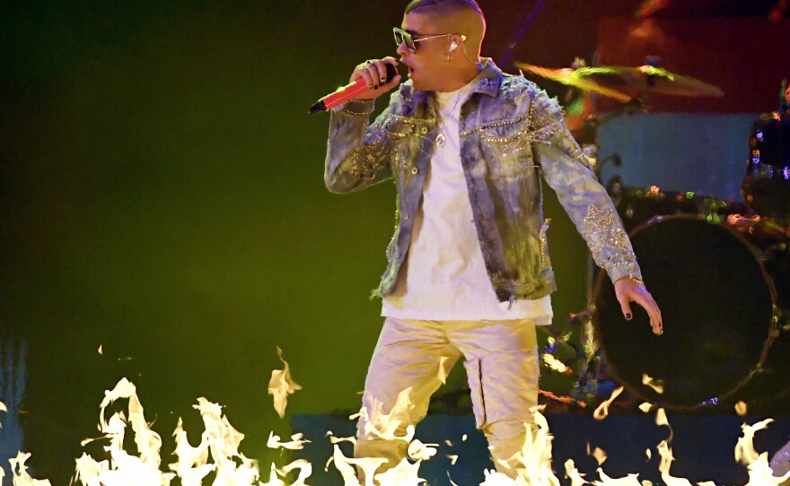 Bad Bunny performs at the 2018 Latin Grammy's.