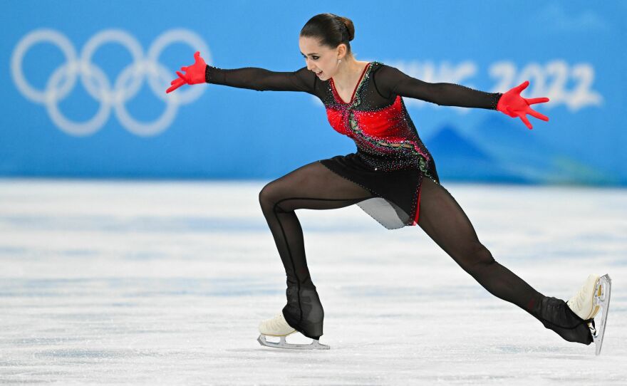 Russia's Kamila Valieva competes in the women's free skate event during the Beijing 2022 Winter Olympic Games on February 17, 2022.