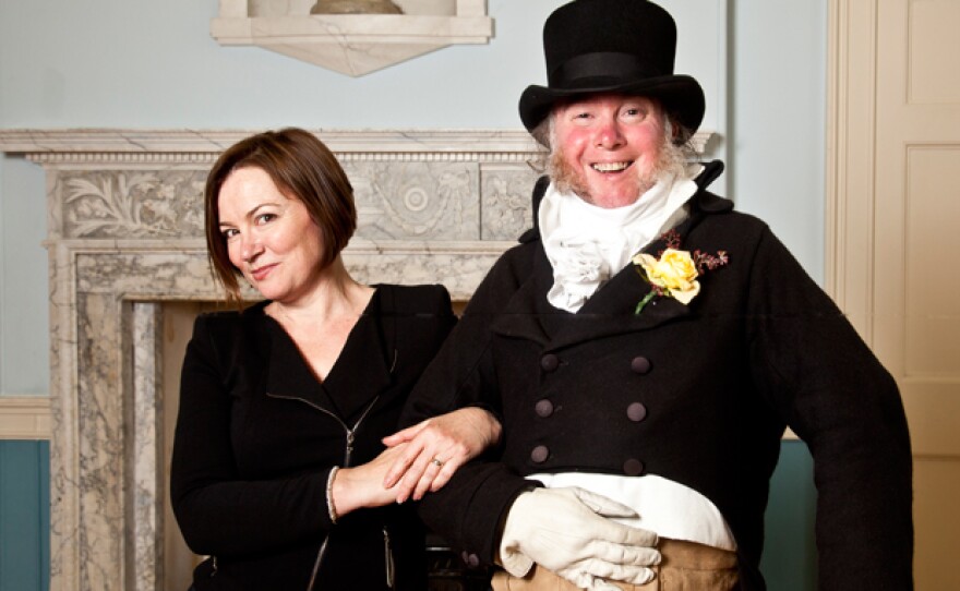 Professor Amanda Vickery with Martin the Jane Austen Centre Meeter and Greeter at the Guildhall Fayre.