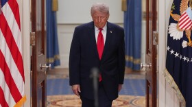 President Donald Trump arrives to speak about the Iran war from the Cross Hall of the White House on Wednesday, April 1, 2026, in Washington. (AP Photo/Alex Brandon, Pool)