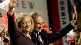 Republican gubernatorial candidate Meg Whitman with her husband Griffith Harsh (R) waves to supporters at her primary night party at the Universal Hilton Hotel June 8, 2010 in Los Angeles, California. 