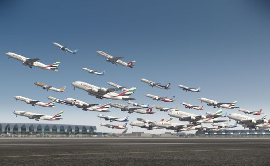 Graphic of planes taking off from Dubai International Airport, United Arab Emirates.