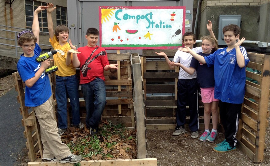 A compost station for organic waste created by fifth graders at the Jewish Community Day School of Rhode Island in Providence.