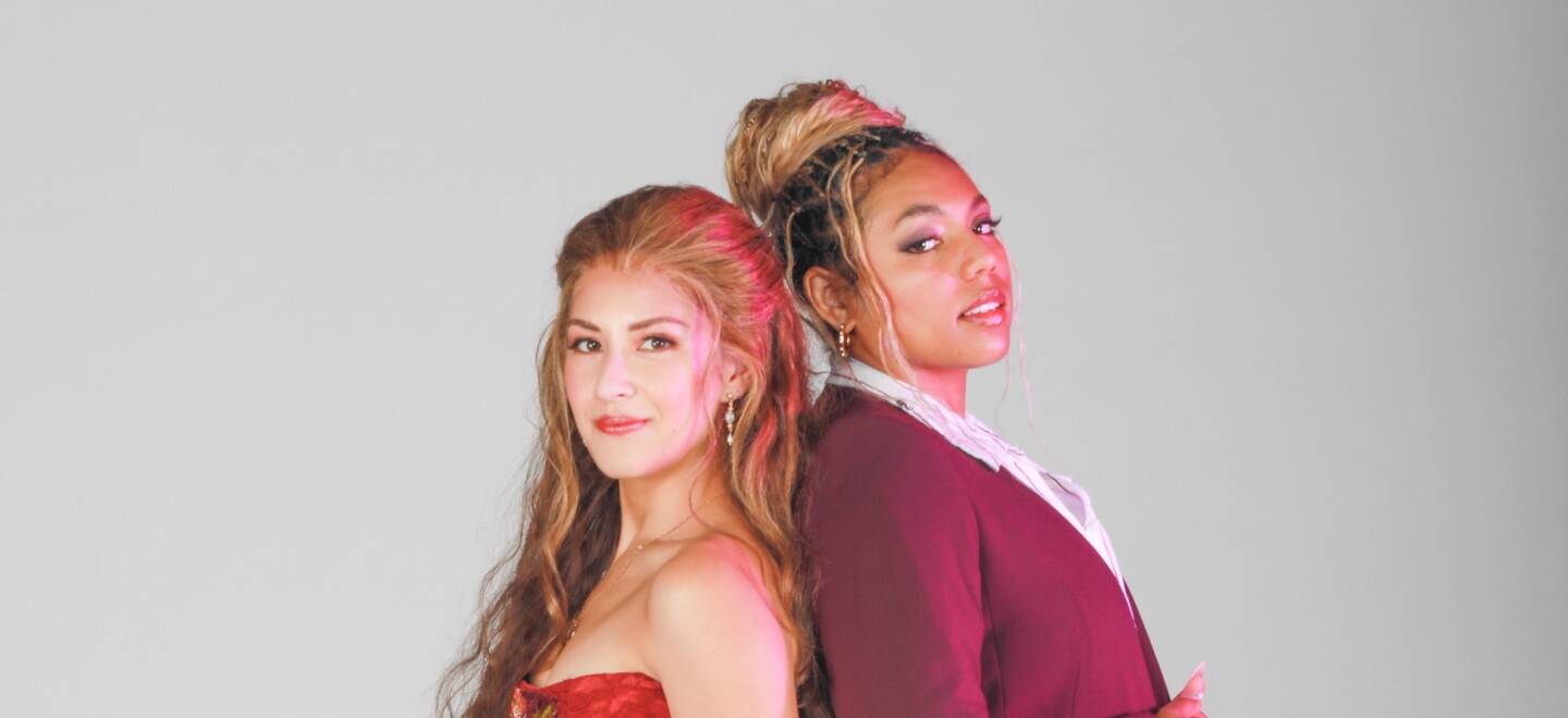 Cailen Fu and Liisi La Fontaine play sisters in the world premiere musical, "Huzzah!" at the Old Globe Theatre. (2025)