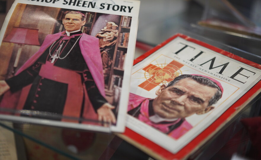 Artifacts and memorabilia depicting the late Archbishop Fulton Sheen are displayed in the Sheen Museum on July 15, 2026, in Peoria, Ill.