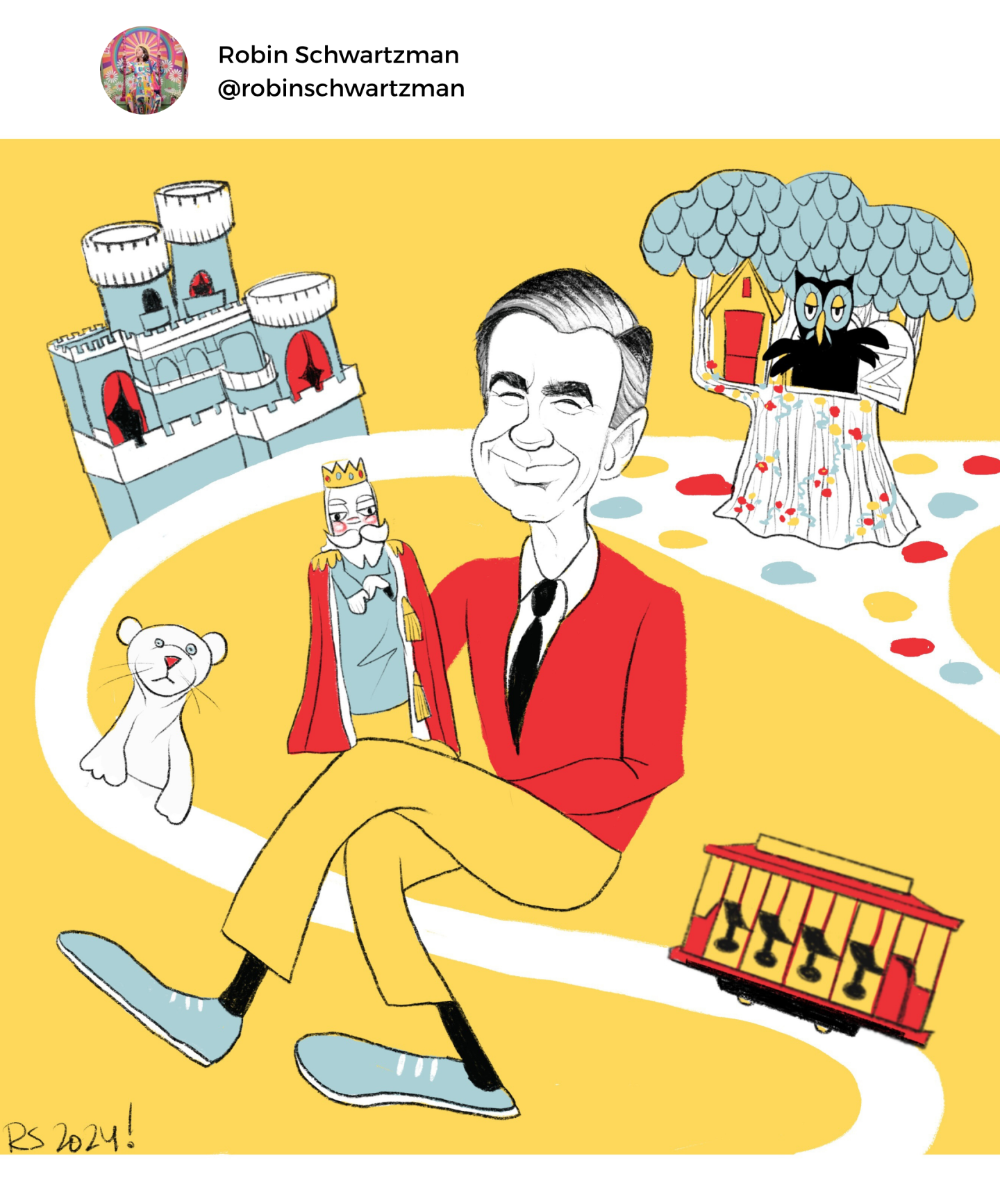 "Resharing this drawing of Mister Rogers because PBS is important."