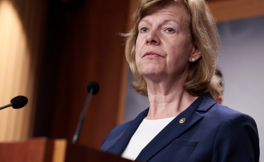 Sen. Tammy Baldwin speaks at a May press conference in Washington, D.C. Congressional Democrats are working to codify same-sex marriage and other rights that they fear are at risk following the Supreme Court's ruling on <em>Roe v. Wade</em>.