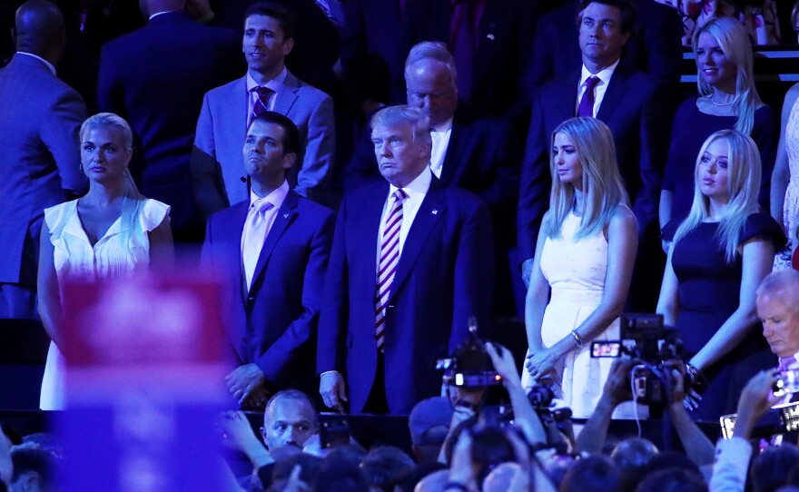 Donald Trump stands with his children (from left) Vanessa, Donald Jr., Ivanka and Tiffany as Sen. Ted Cruz speaks.