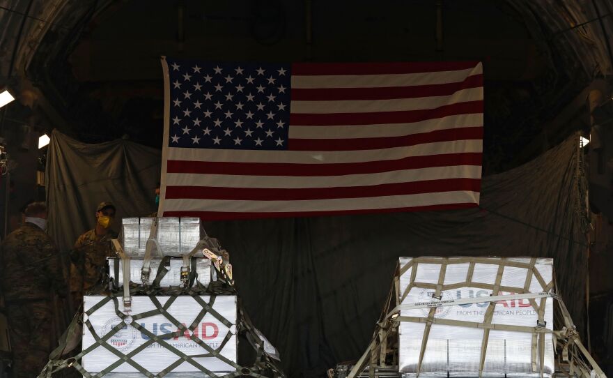 A shipment of medical aid from the United States, including 50 ventilators, appears inside a U.S. Air Force C-17 Globemaster transport plane Thursday at Vnukovo International Airport outside Moscow.