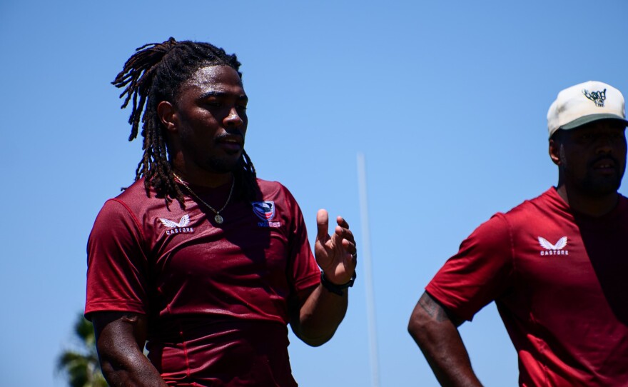 Kevon Williams, captain of the Eagles, gives pointers to his team on July 1, 2024 at the Chula Vista Elite Athlete Training Center in Chula Vista, Calif.