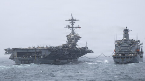 Nimitz-class aircraft carrier USS Abraham Lincoln (CVN 72), conducts a replenishment-at-sea with fleet replenishment oiler USNS Henry J. Kaiser (T-AO 187), Aug. 16, 2026. Abraham Lincoln is deployed to the U.S. 5th Fleet area of operations to support maritime security and stability in the Middle East.