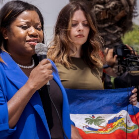 Guerline Jozef from the Haitian Bridge Alliance spoke out against Title 42 along the San Diego Tijuana border calling it cruel and inhumane, May 23, 2022.