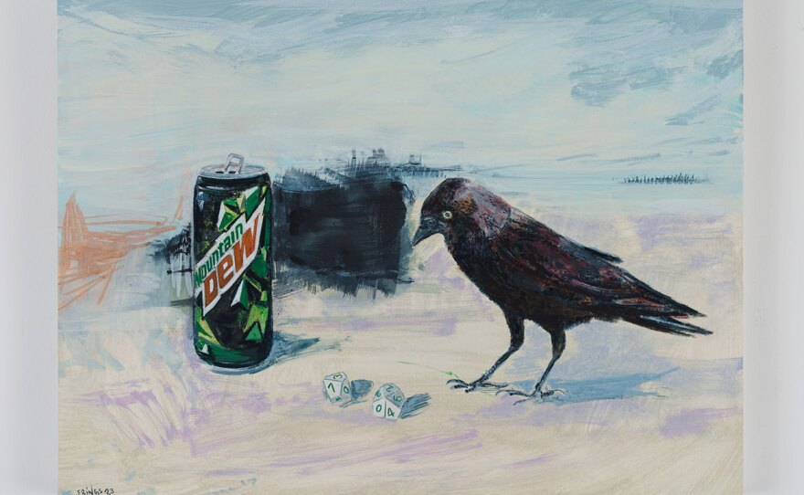 Bert Frings' "Mountain Dew" is a 2023 work of tempera paint on plywood panel, shown in an undated photo.