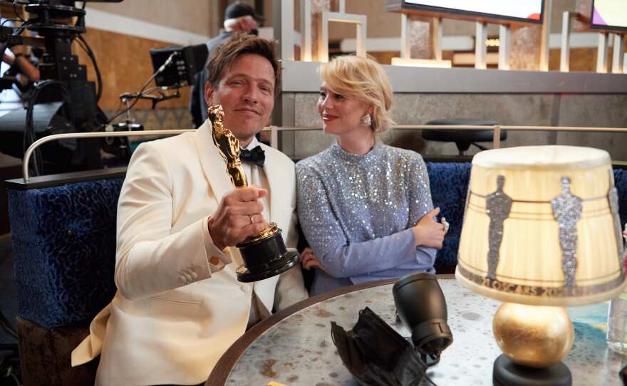 On behalf of Denmark, Thomas Vinterberg poses with the Oscar® for International Feature Film during the live ABC Telecast of The 93rd Oscars® at Union Station in Los Angeles, CA on Sunday, April 25, 2021.