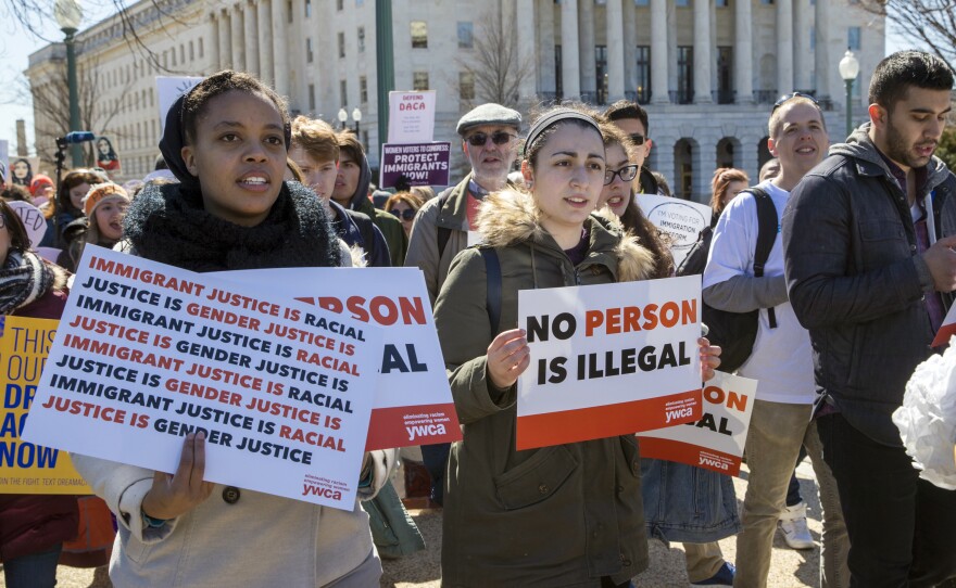 Deferred Action for Childhood Arrival recipients and other young immigrants rally at the U.S. Capitol in Washington in March. A federal appeals court has blocked the Trump administration's effort to end the program.