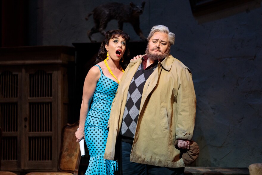 Marina Costa-Jackson (Lauretta) and Stephanie Blythe (Gianni Schicchi) in "Gianni Schicchi," part of "The Puccini Duo" presented by San Diego Opera February, 2023. 