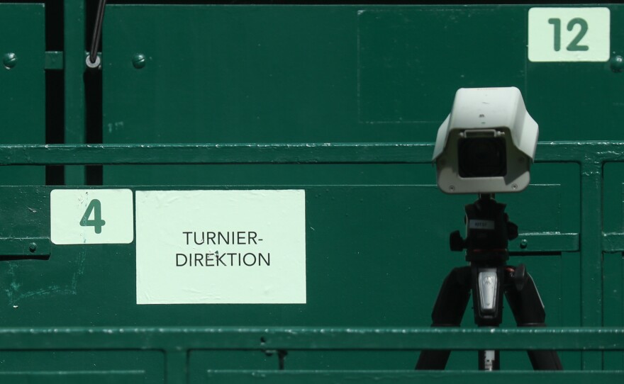 A Hawk-Eye camera at the ATP tour in 2021.