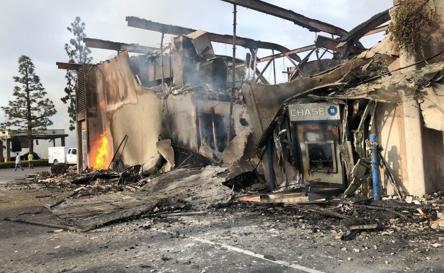 The remains of a burned down Chase bank in La Mesa is pictured in this photo, May 31, 2020.