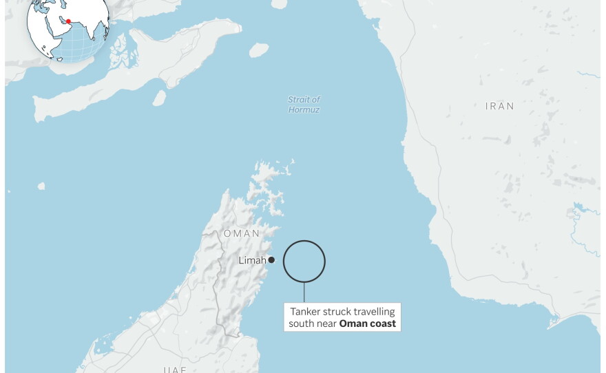 Map showing where a tanker was struck in the Strait of Hormuz.