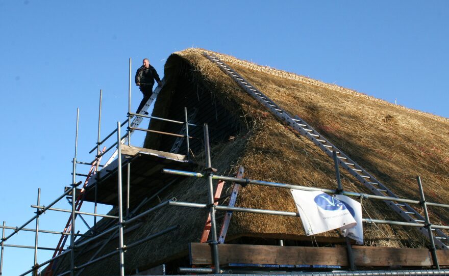 The barn was re-thatched in 2013. The work only lasted six months before the jackdaws began dismantling it.