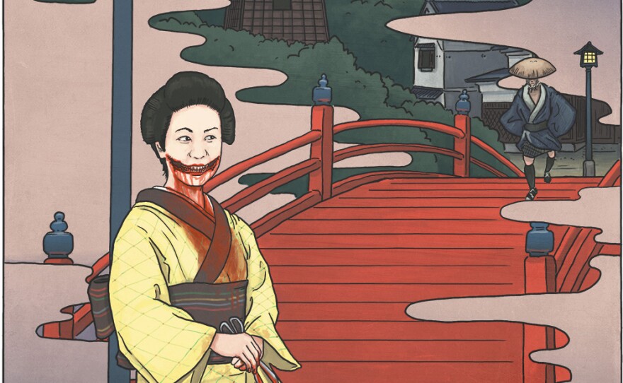 The kuchisake onna, here illustrated by Matthew Meyer, is the ghost of a woman who was mutilated and has come back to wreak vengeance on the world. Undated image.