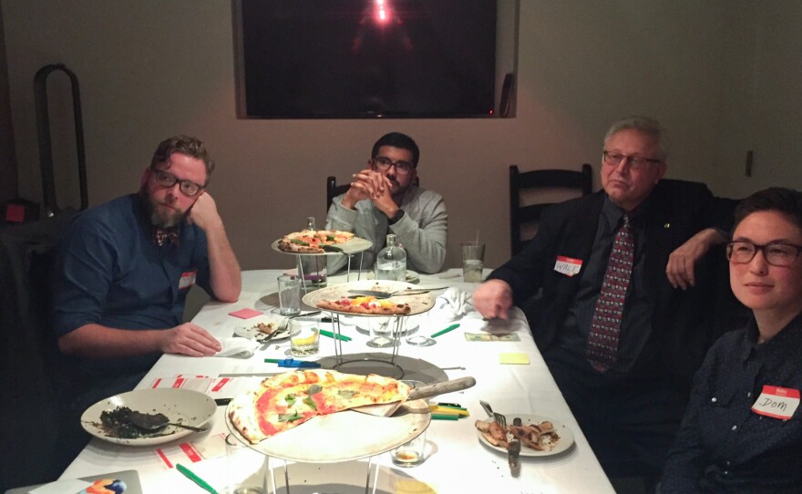Make America Dinner Again guests (from left to right) Nick Tucker, Walter Rodriguez, Walt Shjeflo and Dom Brassey listen to views from across the table.